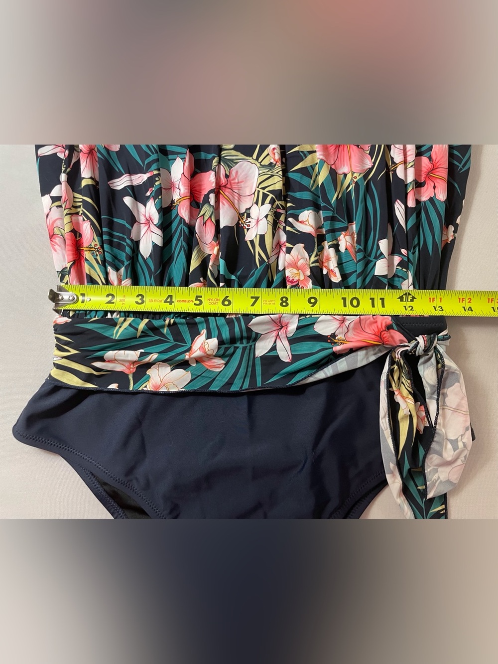 Lunabelle Swimsuit Blouson Top & Side Tie Navy Blue with Tropical Flowers Size L - Picture 12 of 14